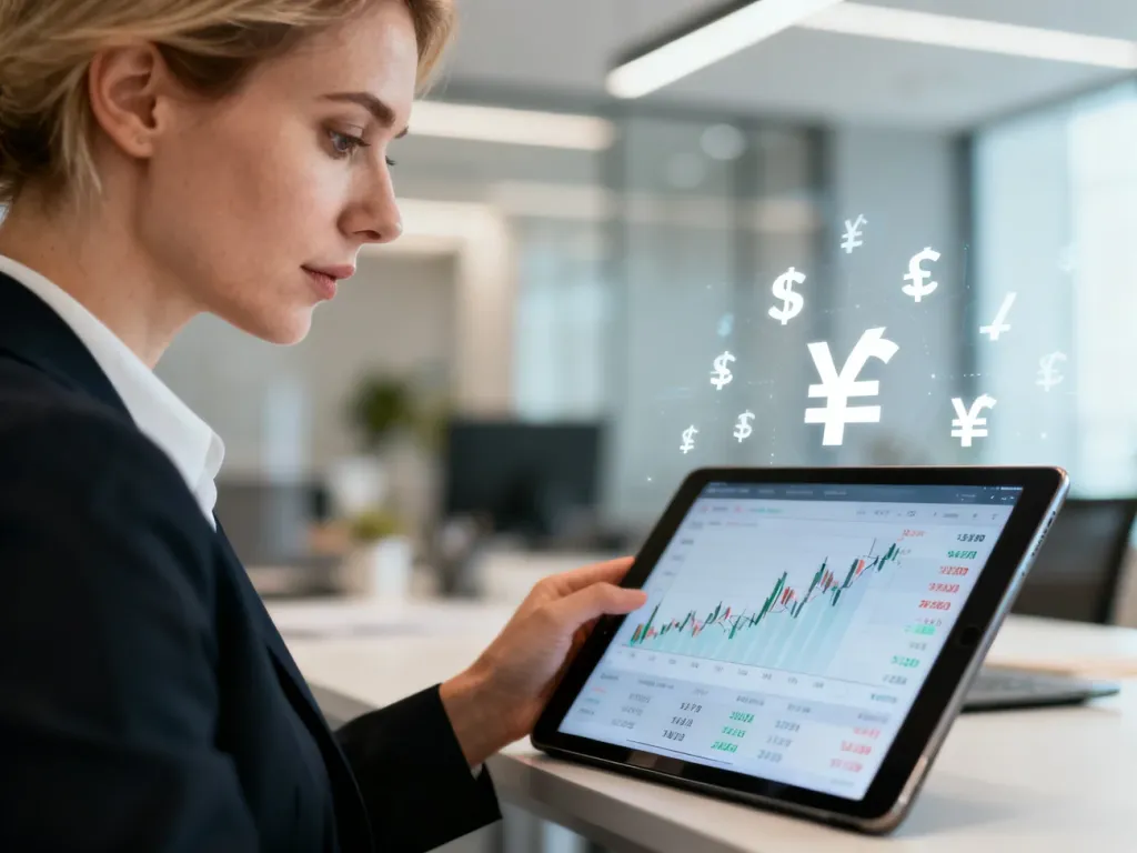 Kobieta w profesjonalnym biurze analizuje dane finansowe na tablecie, co ilustruje obliczanie wynagrodzenia netto.